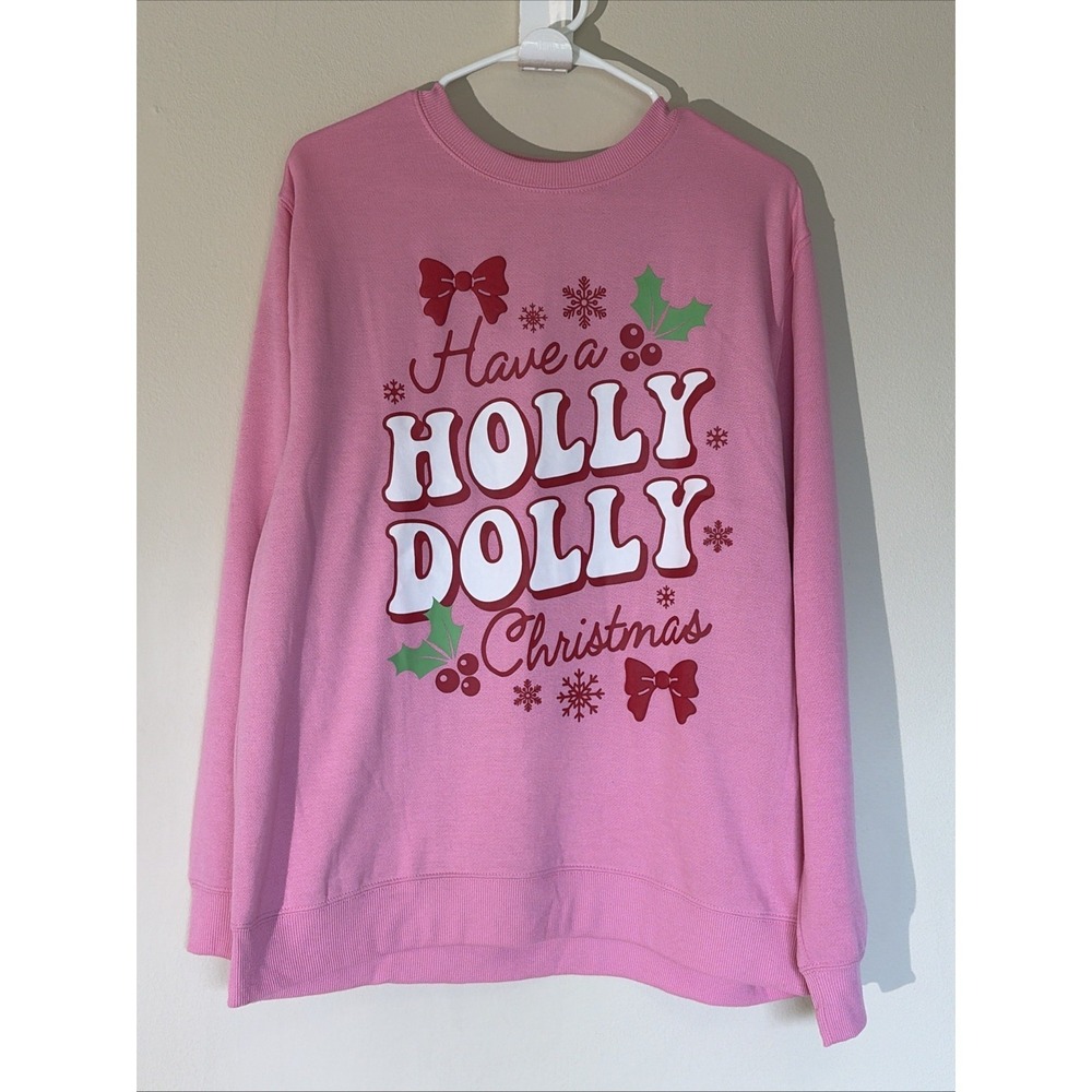 Dolly Parton Pink HAVE A HOLLY DOLLY CHRISTMAS Crewneck Sweatshirt Womens Large